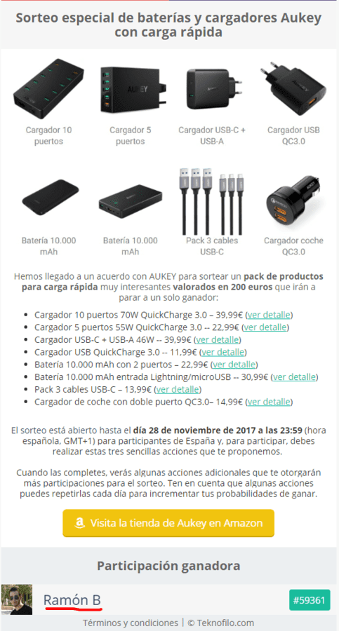 Sorteo especial de baterías y cargadores Aukey con carga rápida.png