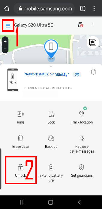 ¿Cómo desbloquear Galaxy S20 cuando olvida la contraseña o el PIN (sin reiniciar el teléfono)? 4 Localiza el teléfono que quieres desbloquear