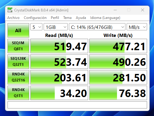 CrystalDiskMark - Resultados NiPoGi GK3PLUS
