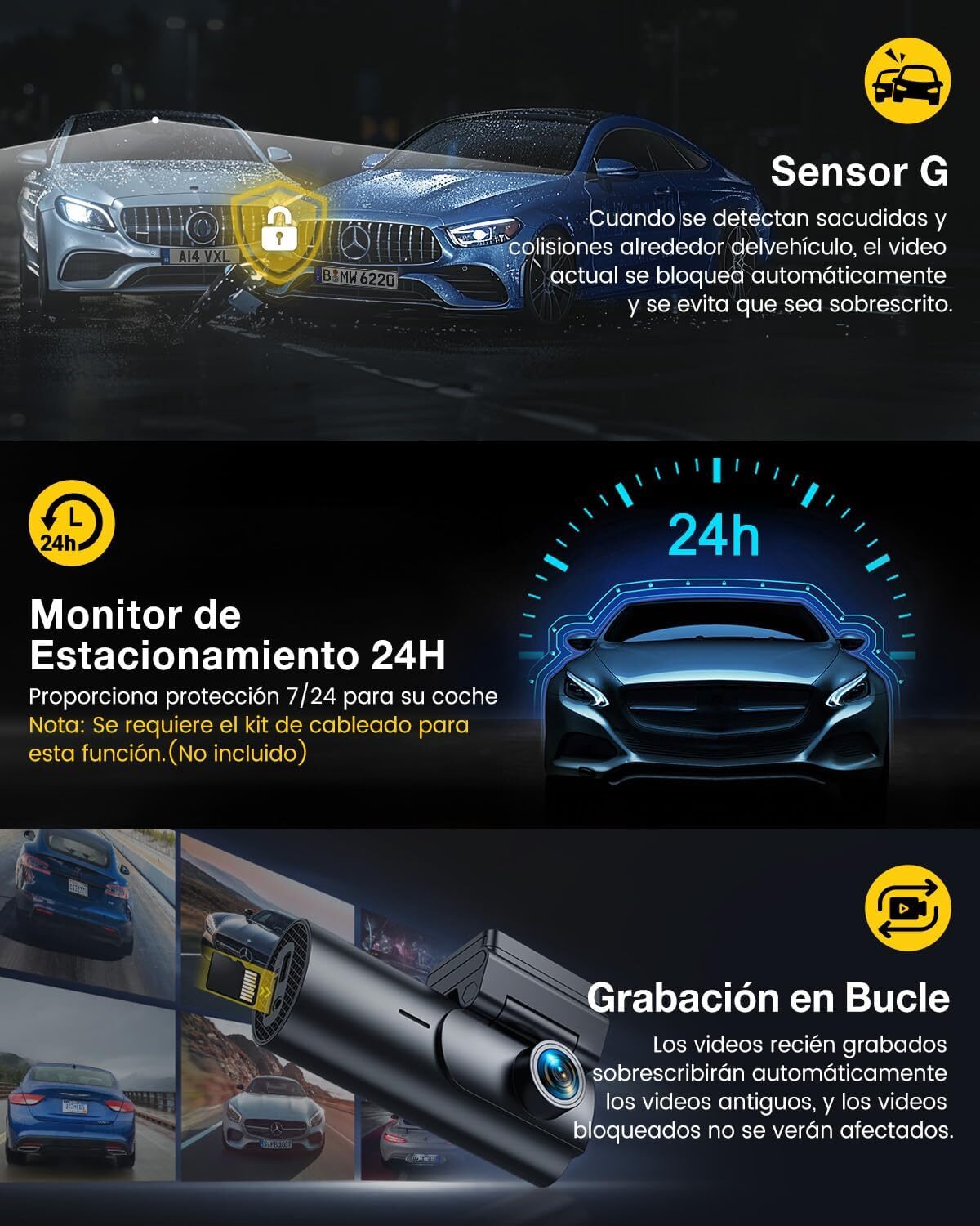 GKU Dashcam D600Pro Cámara Coche 4K+1080P