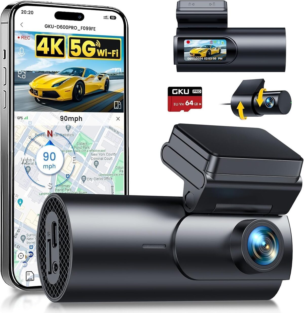 GKU Dashcam D600Pro Cámara Coche 4K+1080P