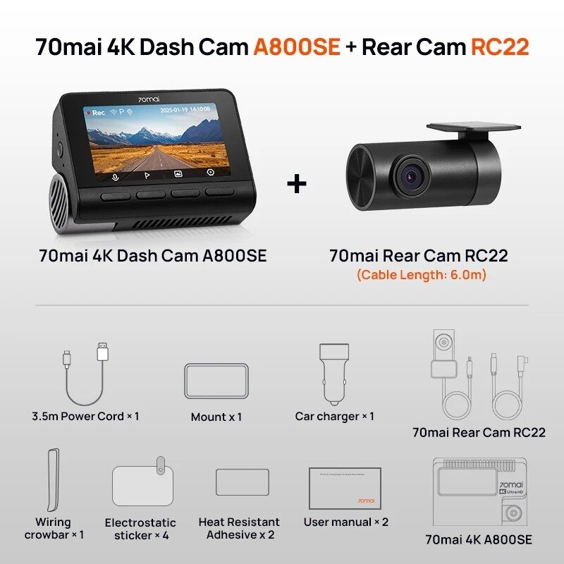 70mai 4K A800SE + Cámara Trasera 70mai RC22