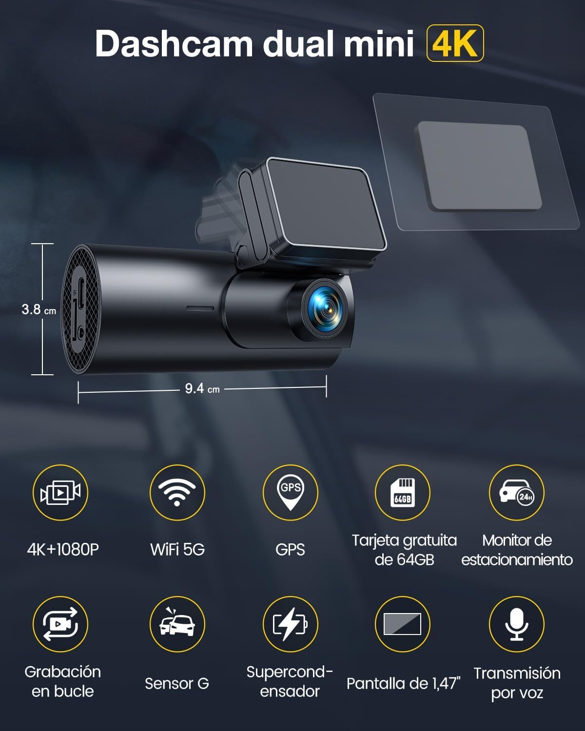 GKU Dashcam D600Pro Cámara Coche 4K+1080P