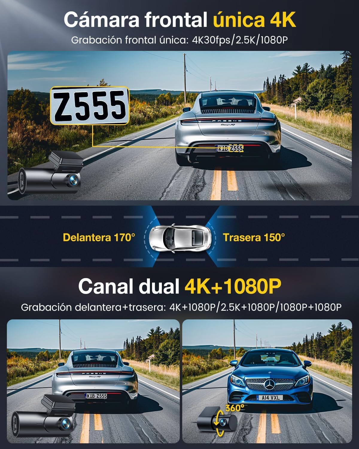 GKU Dashcam D600Pro Cámara Coche 4K+1080P