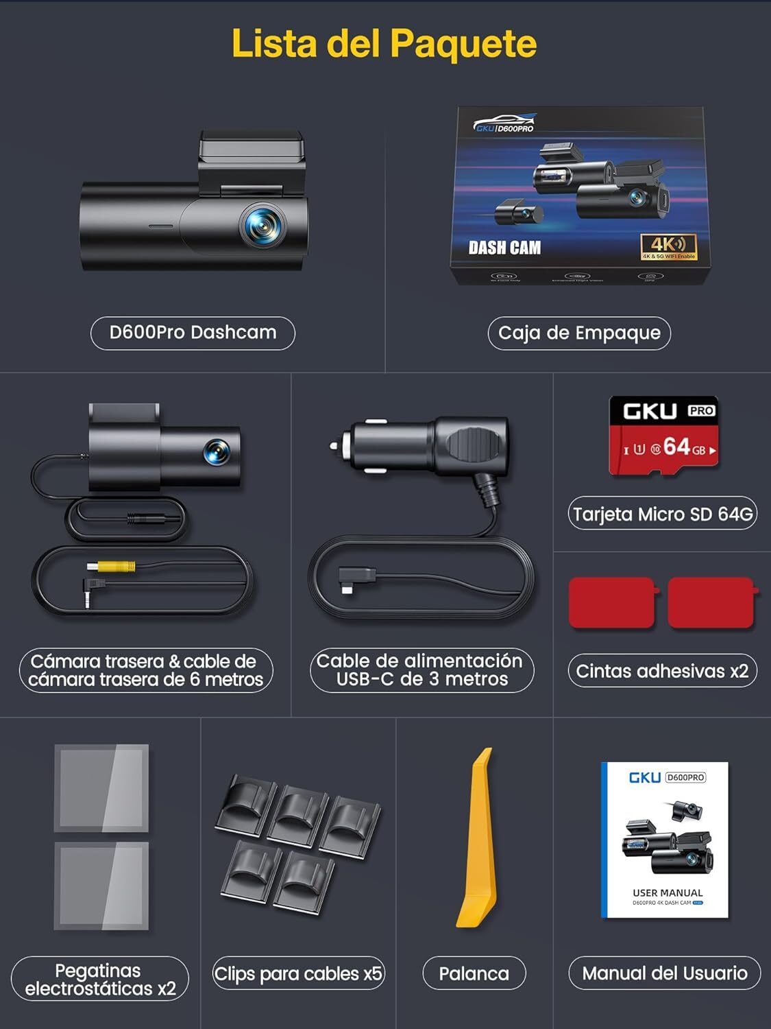 GKU Dashcam D600Pro Cámara Coche 4K+1080P