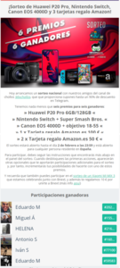 ¡Sorteo de Huawei P20 Pro  Nintendo Switch  Canon EOS 4000D y 3 tarjetas regalo Amazon .png